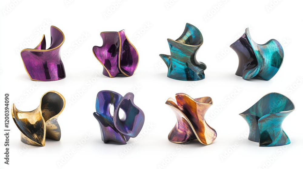 Obraz premium A set of bright, stylized abstract shapes crafted from polished metal and acrylic, gleaming in shades of purple