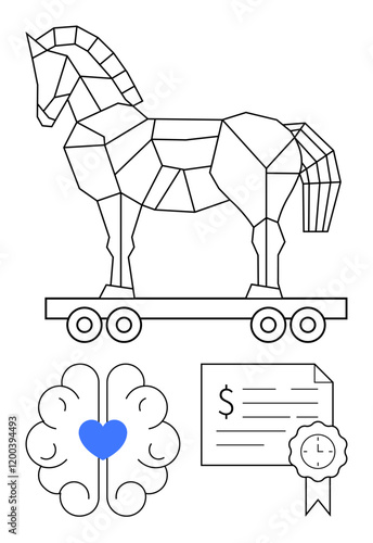 Geometric Trojan Horse on wheels, brain with blue heart, financial document with ribbon. Ideal for cybersecurity, emotional intelligence, education, finance, strategy, mental health success