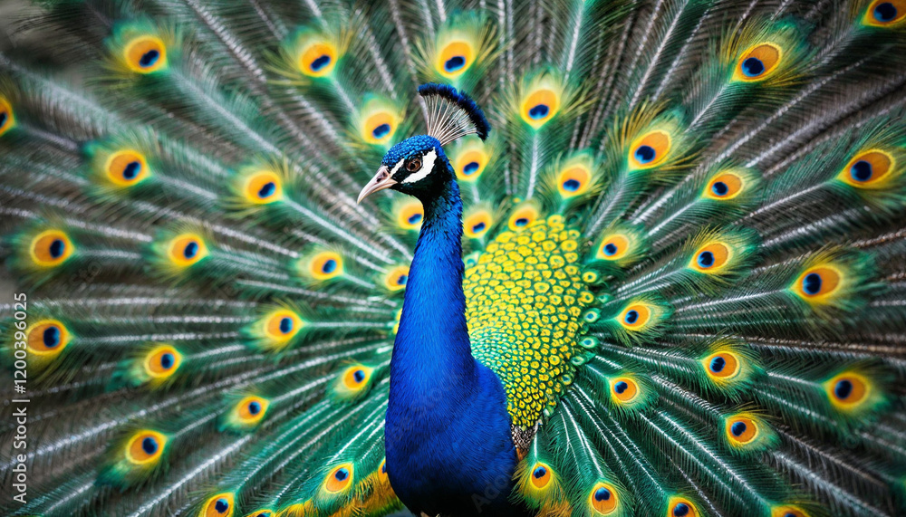 Fototapeta premium Colorful peacock displays its vibrant feathers in a natural setting during daylight hours