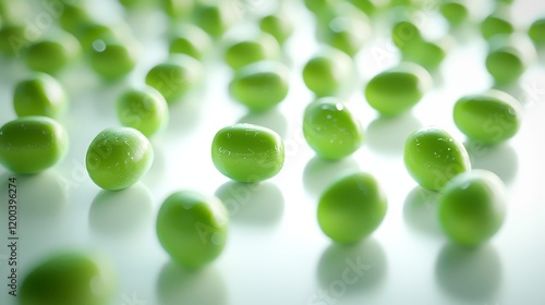 Artistic cluster of green beans arranged in geometric shapes, against a flat white backdrop, pop-art-inspired, bold colors, crisp outlines