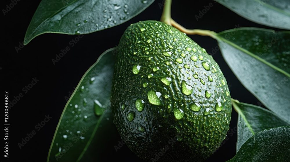 Juicy Avocado Hanging on Branch with Dew Drops Juicy Avocado Hanging on Branch with Dew Drops
