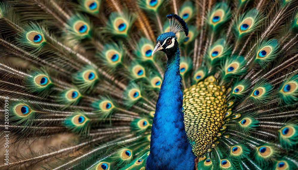 Obraz premium Colorful peacock displaying its vibrant feathers in a lush garden during daytime