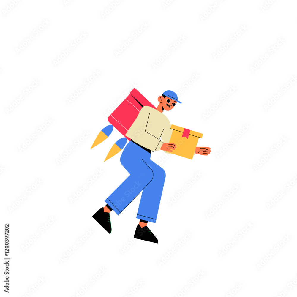 Male Delivery Worker With Backpack And Package In Flat Vector Illustration Symbolizing Express Shipping, Courier Services, And Logistics, Isolated On White Background. Male Delivery Worker With Backpack And Package In Flat Vector Illustration Symbolizing Express Shipping, Courier Services, And Logistics, Isolated On White Background.