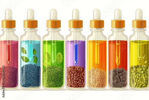 Essential oil collection: vibrant colored bottles with seeds and herbs