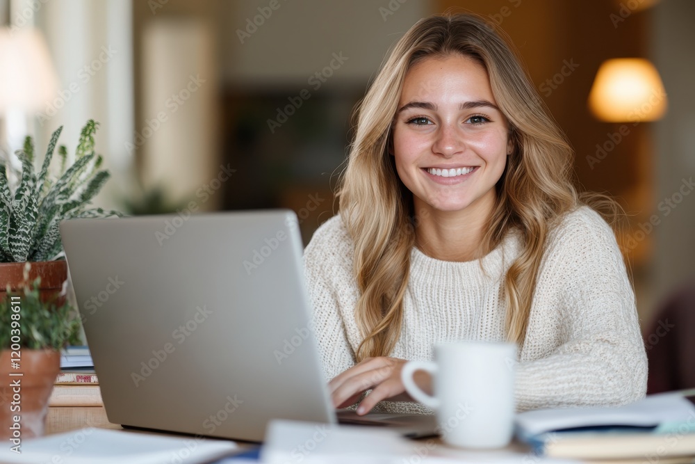 A cheerful young woman smiles while working on her laptop at home, surrounded by greenery, capturing a moment of productivity and warmth in a cozy atmosphere. A cheerful young woman smiles while working on her laptop at home, surrounded by greenery, capturing a moment of productivity and warmth in a cozy atmosphere.