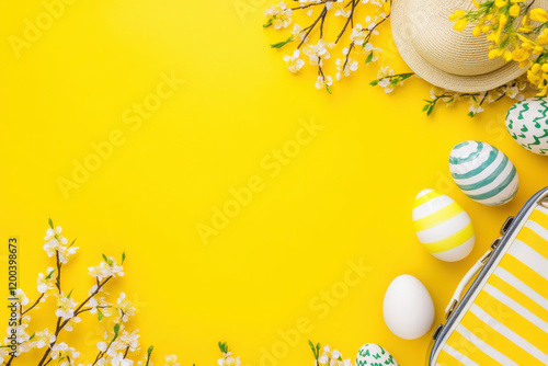 A yellow background with a hat and flowers. The hat is near a yellow suitcase. There are some eggs arount the suitcase and a few flowers. Easter hollidays concept.  photo