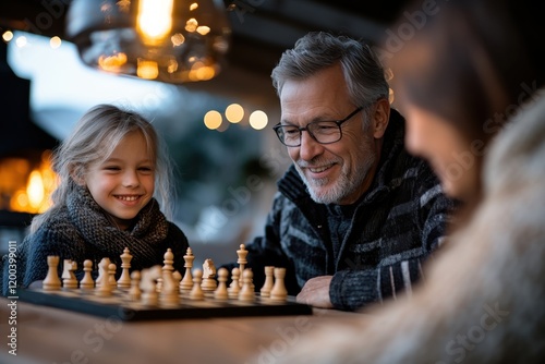 A joyful scene where a little girl gleefully engages in a chess match against her grandfather, showcasing the bond of family and the joy of strategic play in a cozy environment.
