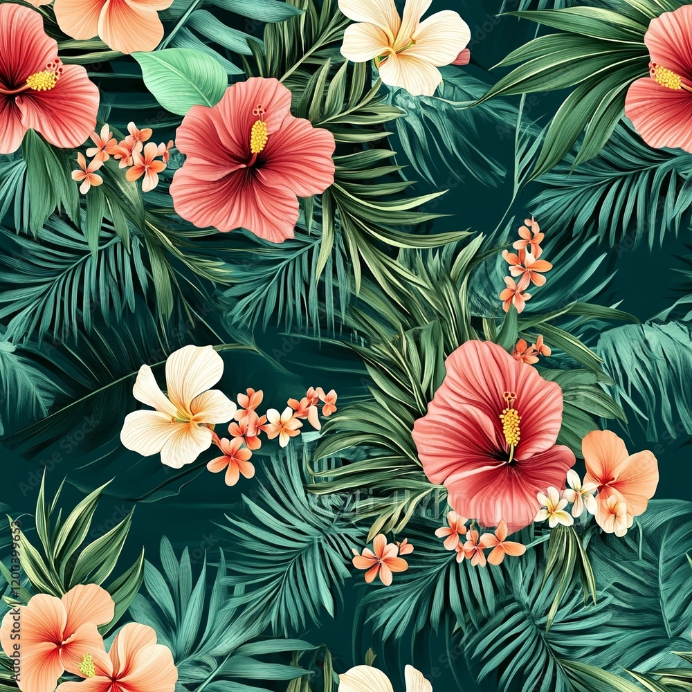 Seamless pattern of tropical jungle with hibiscus flowers and palm leaves in vibrant green and coral tones Seamless pattern of tropical jungle with hibiscus flowers and palm leaves in vibrant green and coral tones