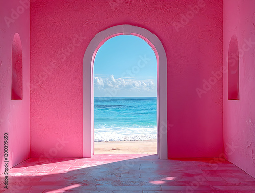 An open door in pink, grey, and blue leads to the beach
