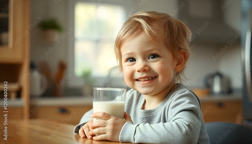 Smiling child with a glass of milk in a cozy kitchen Smiling child with a glass of milk in a cozy kitchen