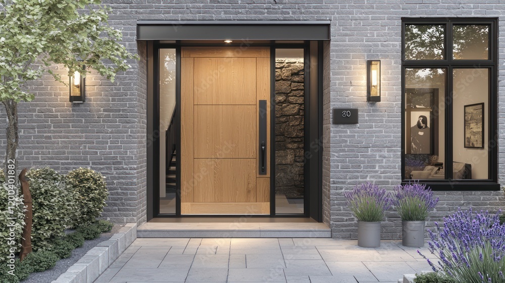 A contemporary entrance with a maple wood door, rough-cut stone accents, and black steel windows A contemporary entrance with a maple wood door, rough-cut stone accents, and black steel windows