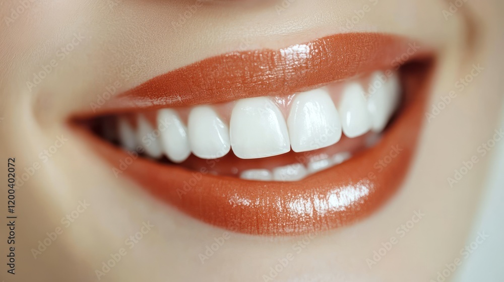 Fototapeta premium Radiant Smile: A Close-Up of Healthy, White Teeth with Copper Lipstick