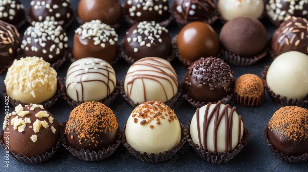 A delightful assortment of chocolates of various shapes and sizes elegantly displayed on a table, perfect for celebrating love this Valentine's Day. A delightful assortment of chocolates of various shapes and sizes elegantly displayed on a table, perfect for celebrating love this Valentine's Day.