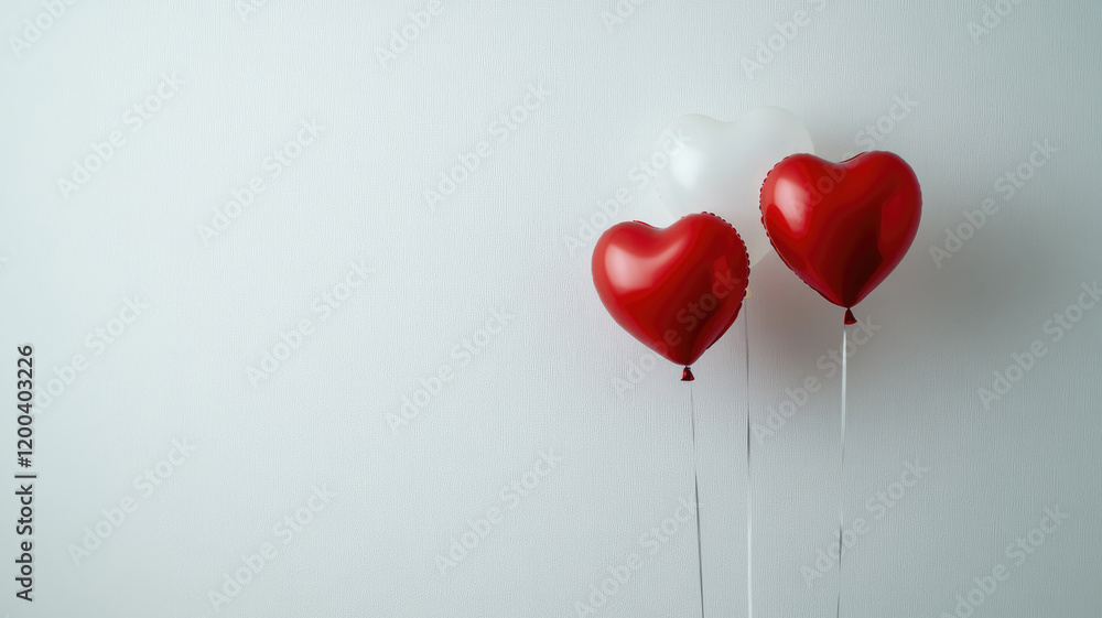 Three heart-shaped balloons, two red and one white, on plain background Three heart-shaped balloons, two red and one white, on plain background
