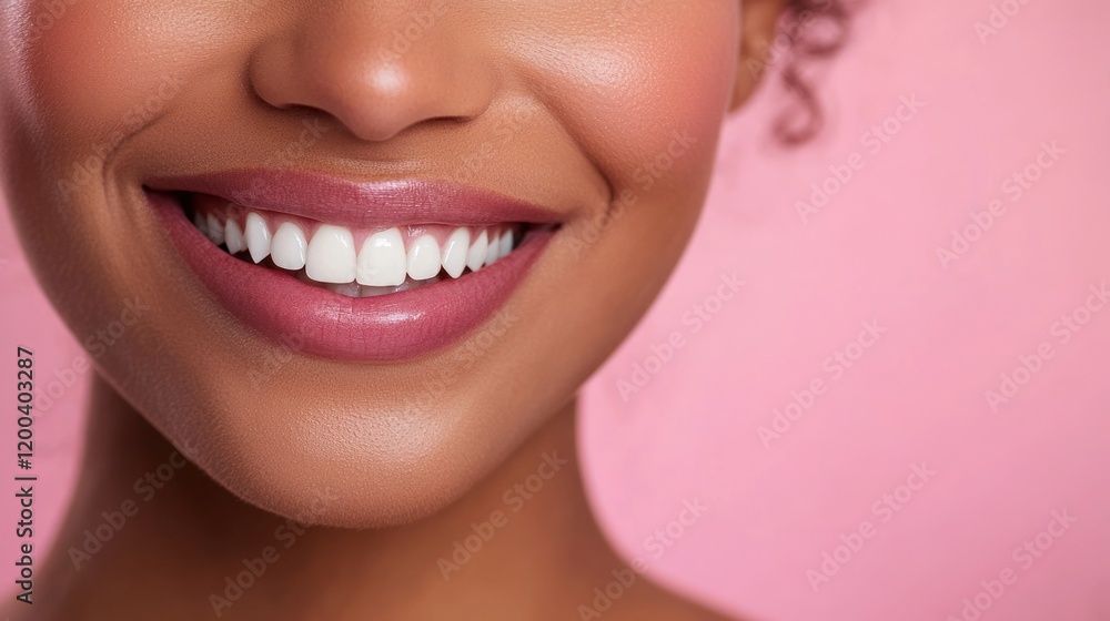 Radiant Smile: A Close-up of a Woman's Bright, Healthy Smile Against a Pink Background Radiant Smile: A Close-up of a Woman's Bright, Healthy Smile Against a Pink Background