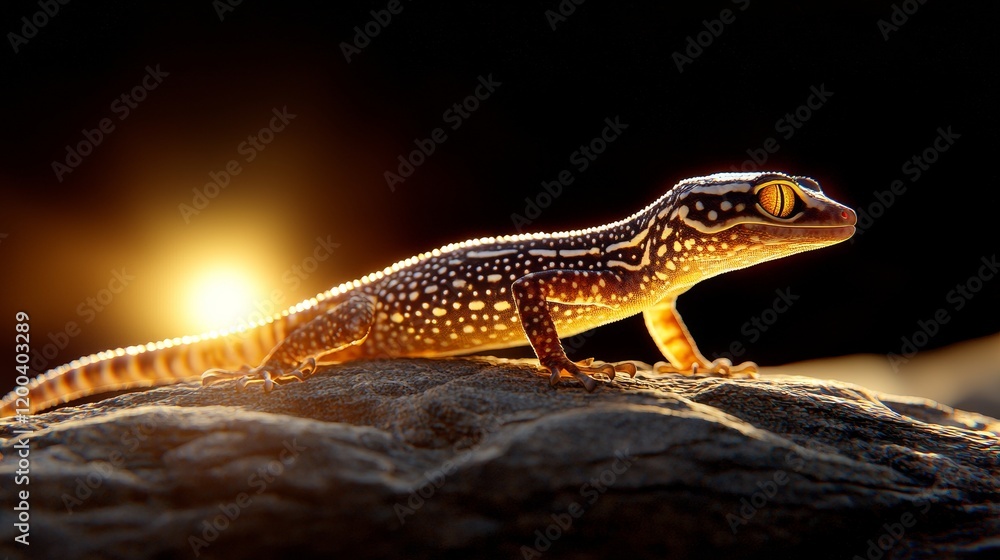 Fototapeta premium Close-up view of a gecko blending seamlessly into a rugged rock surface, intricate details of its skin texture perfectly mimicking the rocky patterns, nature camouflage concept