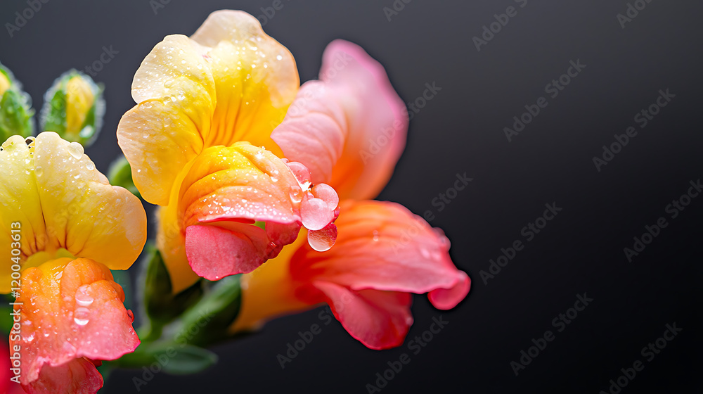 close up photograph of vibrant snapdragon flower with droplets of water, showcasing its beautiful colors and delicate petals close up photograph of vibrant snapdragon flower with droplets of water, showcasing its beautiful colors and delicate petals