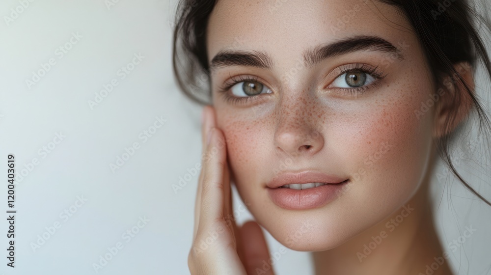 Stunning Portrait of a Young Woman with Freckles, Soft Makeup, and Natural Beauty Stunning Portrait of a Young Woman with Freckles, Soft Makeup, and Natural Beauty
