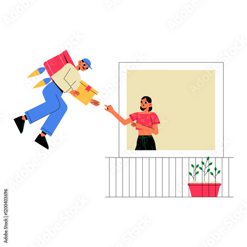 Food Delivery Man With Rocket Backpack Handing A Package To A Woman On A Balcony In Flat Vector Illustration Symbolizing Fast Delivery And Convenience, Isolated On White Background