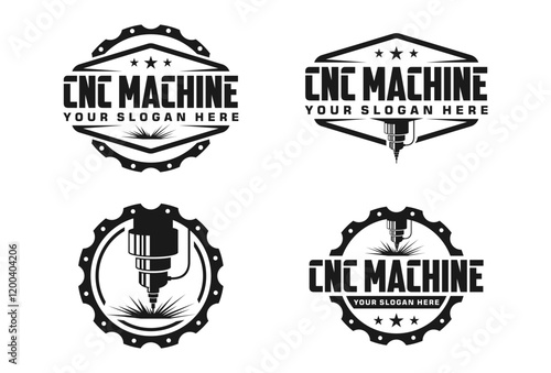 Set of CNC machine logo emblem with plate steel illustration, Professional laser cutting logo design