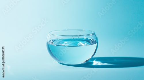 Minimalist glass bowl with water on blue backdrop