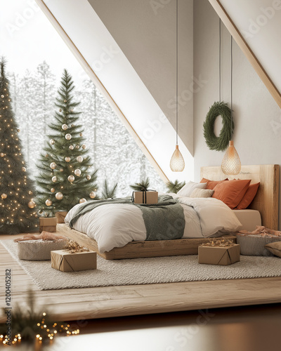 A bedroom decorated with Christmas lights and wreaths, a bed in the center of the frame, a large green blanket on top, a wooden headboard, a wall painted in a dark beige color, a large Christmas tree 
