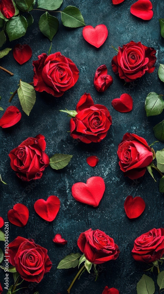 A romantic scene of vibrant roses and delicate hearts, scattered among rich red petals against a dark backdrop, capturing the essence of love and passion. A romantic scene of vibrant roses and delicate hearts, scattered among rich red petals against a dark backdrop, capturing the essence of love and passion.