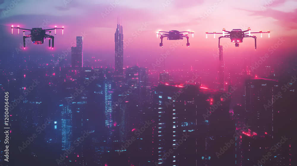 Futuristic cityscape illuminated by neon lights and soaring drones at dusk. generative ai. Cyberpunk Cityscape Night. Illustration Futuristic cityscape illuminated by neon lights and soaring drones at dusk. generative ai. Cyberpunk Cityscape Night. Illustration