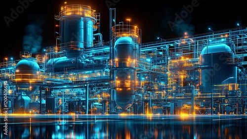 Wallpaper Mural Holographic of an industrial plant design with neon blue and orange piping and machinery, glowing against a dark background. Torontodigital.ca