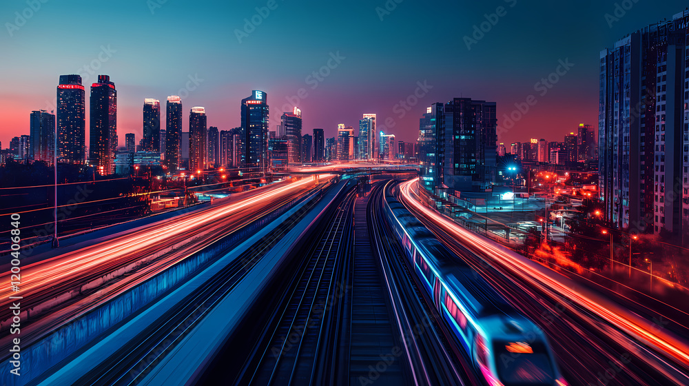 Futuristic cityscape with train. Cyberpunk Cityscape Night. Illustration Futuristic cityscape with train. Cyberpunk Cityscape Night. Illustration