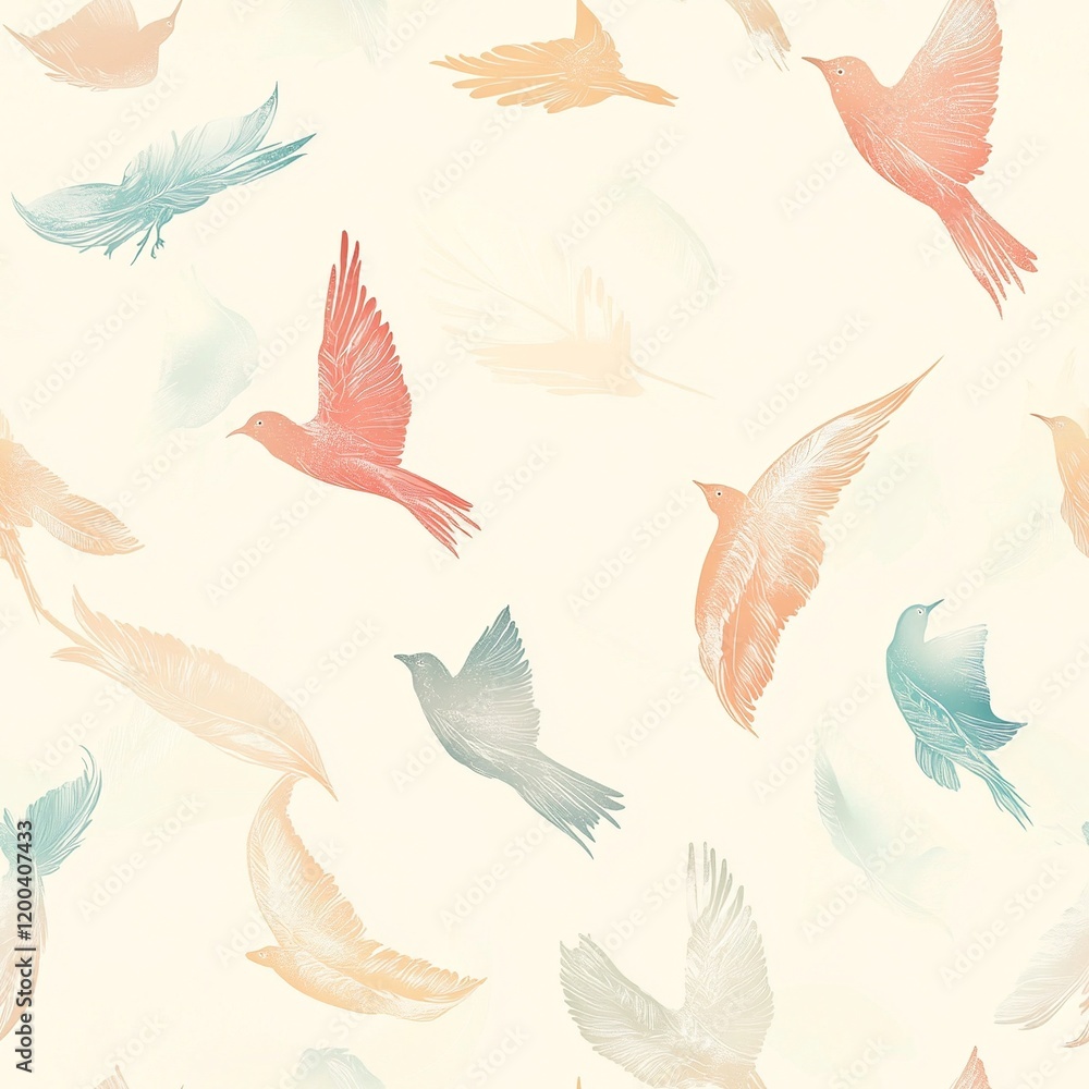 Obraz premium Seamless pattern of pastel colored birds and feathers floating gently in a soft cream background