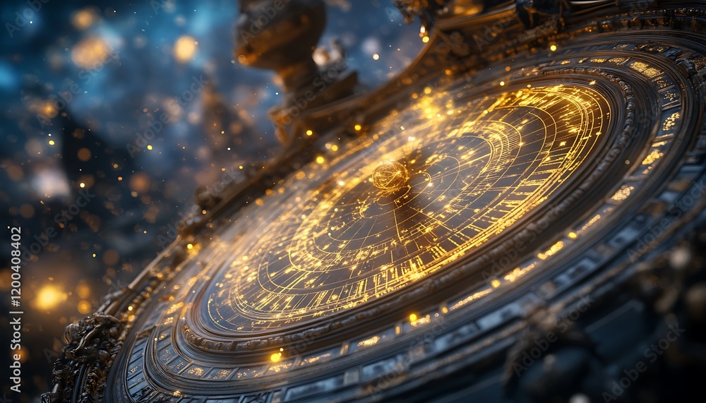 Glowing ornate celestial sphere, intricate details, gold accents on dark background, cosmic dust. Glowing ornate celestial sphere, intricate details, gold accents on dark background, cosmic dust.