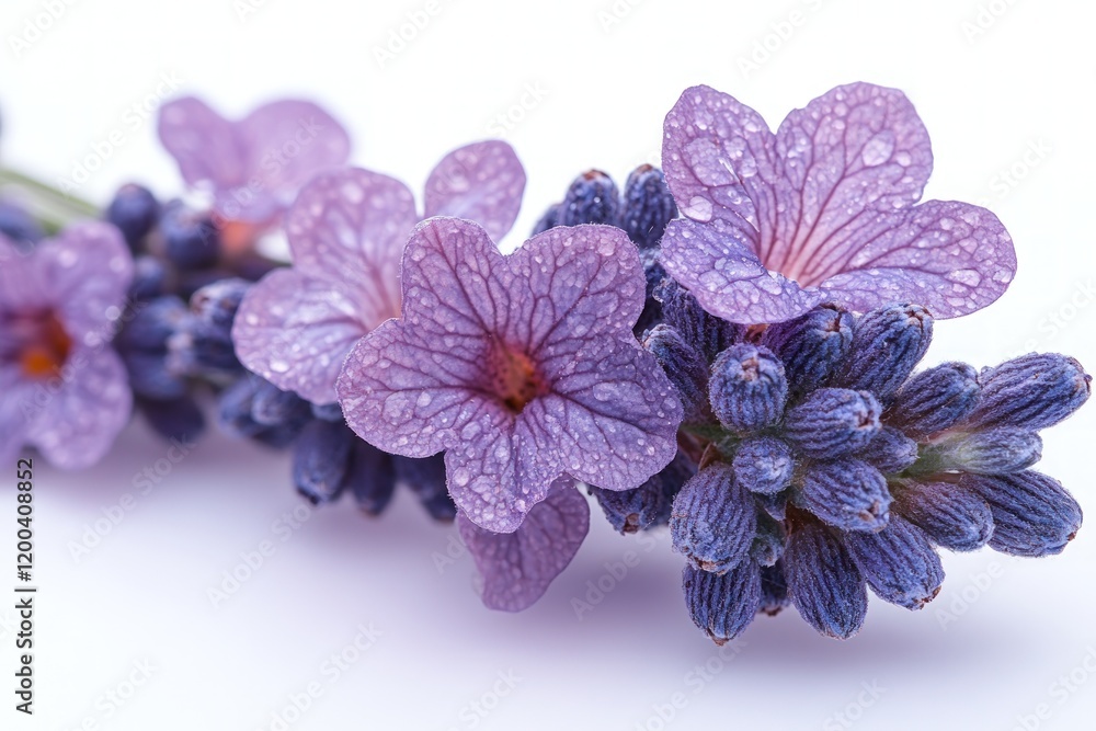 Lavender flowers, dew drops, white background, nature Lavender flowers, dew drops, white background, nature