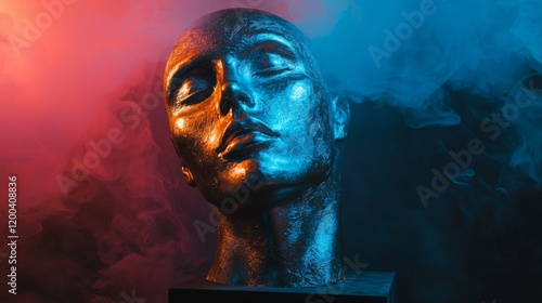 Sculpture head in dramatic colorful lighting