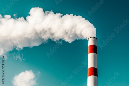 Dirty smoke rises from the factory chimney, tainting the pristine blue sky. This represents the urgent issue of environmental pollution photo