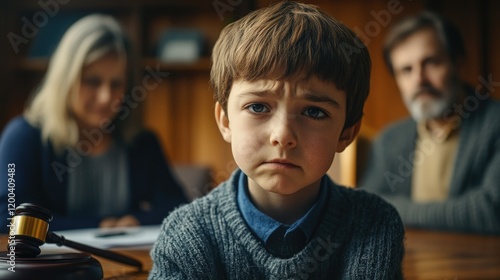 Sad boy sitting at a table in the background of his parents.