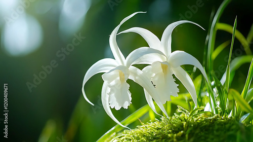 stunning macro photograph of ghost orchid, showcasing its delicate white petals and unique structure, surrounded by lush greenery photo