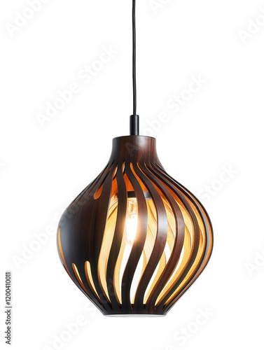 a stylish pendant lamp with a unique design featuring wooden slats that create a warm. inviting glow the lamp is suspended from a black cord. making it suitable for modern interiors. adding both funct photo