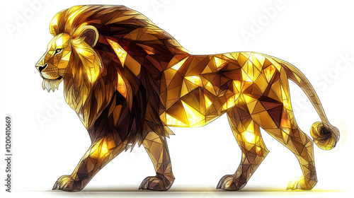 A stained-glass style art of a regal lion, deep amber and golden tones, bold mane with intricate segments photo