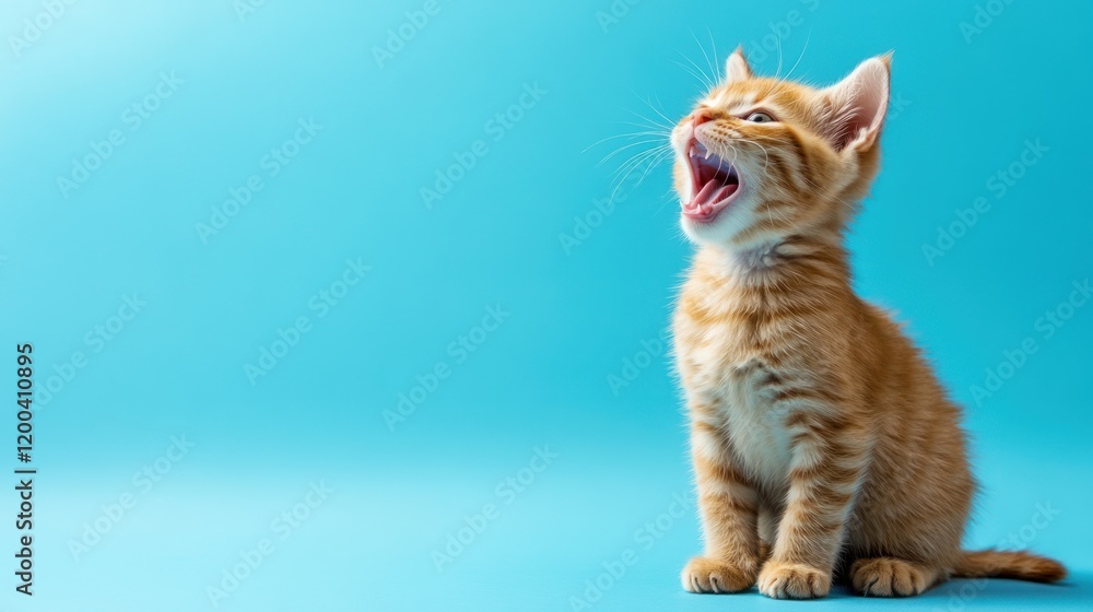 Adorable Ginger Kitten Yawn on Blue Background Adorable Ginger Kitten Yawn on Blue Background