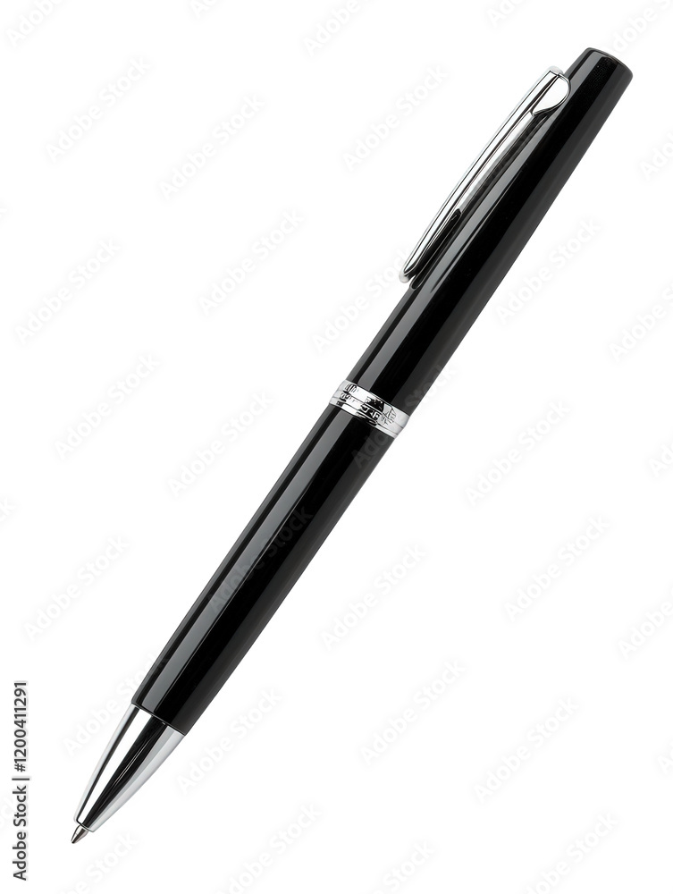 sleek black pen with a silver clip and band. resting on a clean white background it represents a classic writing instrument. commonly used for note-taking. signing documents. or everyday writing tasks sleek black pen with a silver clip and band. resting on a clean white background it represents a classic writing instrument. commonly used for note-taking. signing documents. or everyday writing tasks