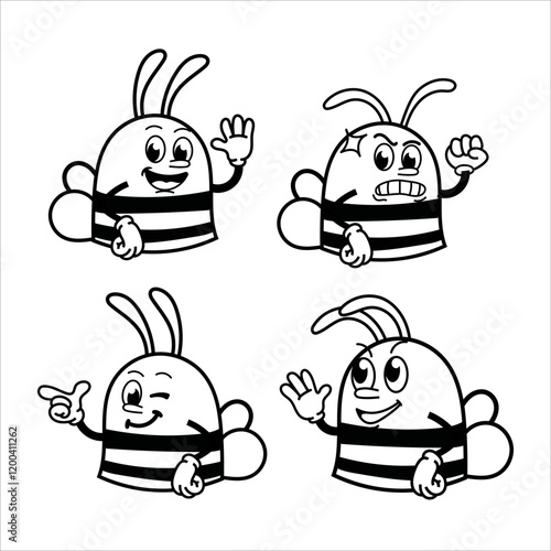 Set Cute and fun retro rubber hose bee cartoon character vector illustration. Cool and fun black and white bee character print design.