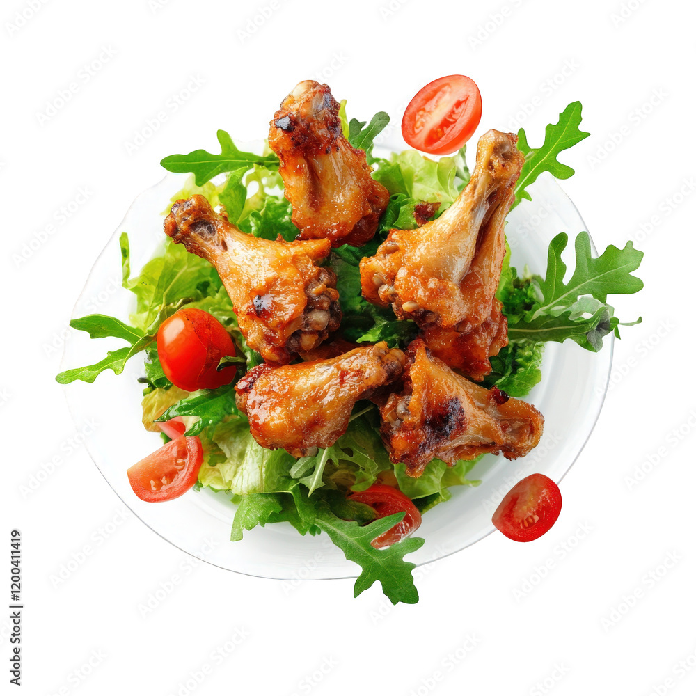 plate of crispy chicken drumsticks arranged on a bed of fresh salad greens. complemented by cherry tomatoes this appetizing presentation highlights the dish's appeal for a meal or snack. showcasing a plate of crispy chicken drumsticks arranged on a bed of fresh salad greens. complemented by cherry tomatoes this appetizing presentation highlights the dish's appeal for a meal or snack. showcasing a