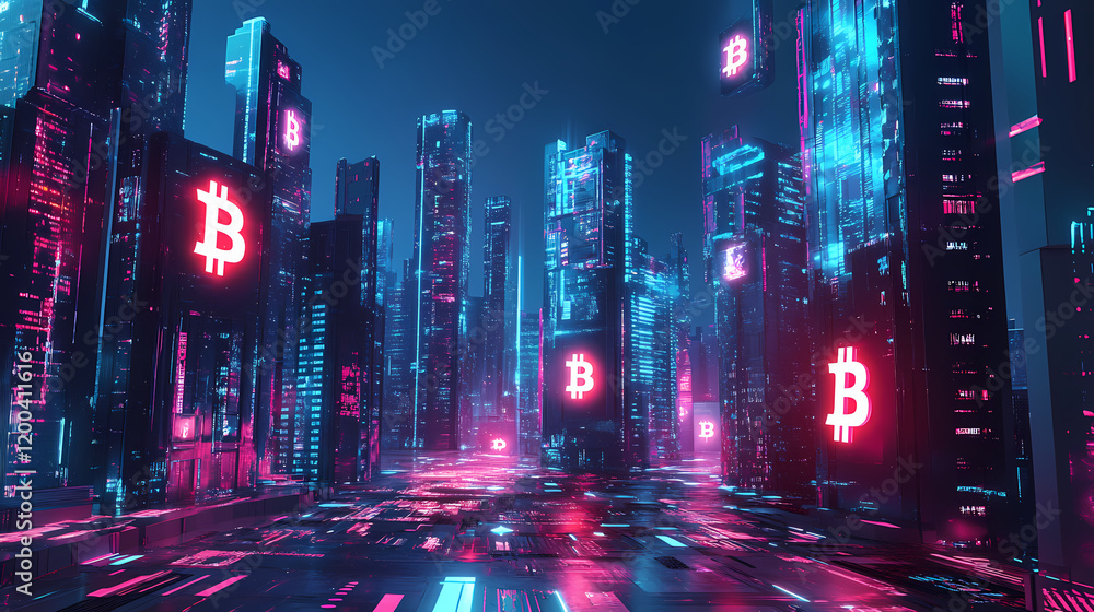 A futuristic cityscape with glowing bitcoin symbols, symbolizing the digital currency's influence in the future. Cyberpunk Cityscape Night. Illustration A futuristic cityscape with glowing bitcoin symbols, symbolizing the digital currency's influence in the future. Cyberpunk Cityscape Night. Illustration