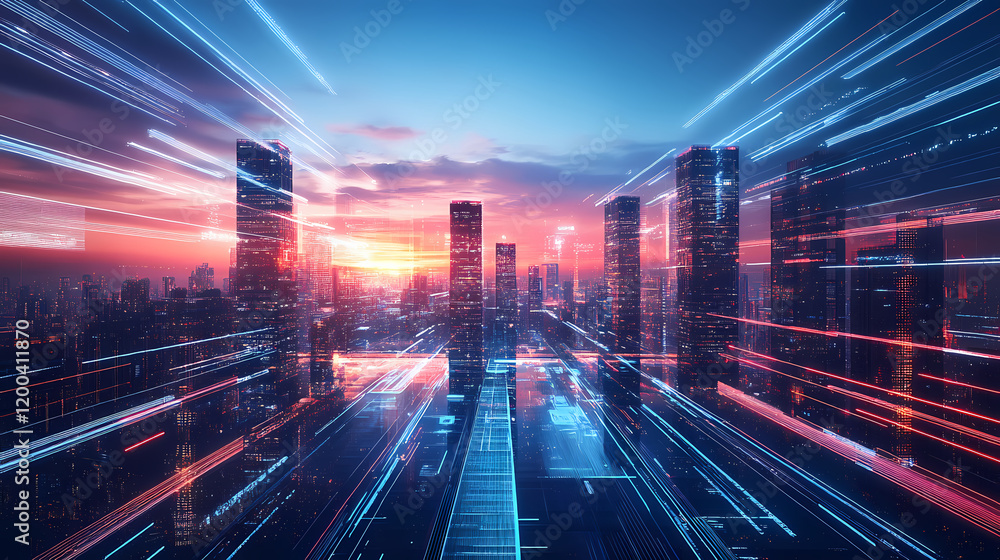 Fototapeta premium A futuristic cityscape with glowing skyscrapers and a pink and blue light sky. Cyberpunk Cityscape Night. Illustration