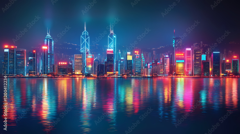Fototapeta premium A vibrant cityscape with glowing neon lights, reflecting on the water, symbolizing technology, innovation, urban life, and the future. Cyberpunk Cityscape Night. Illustration