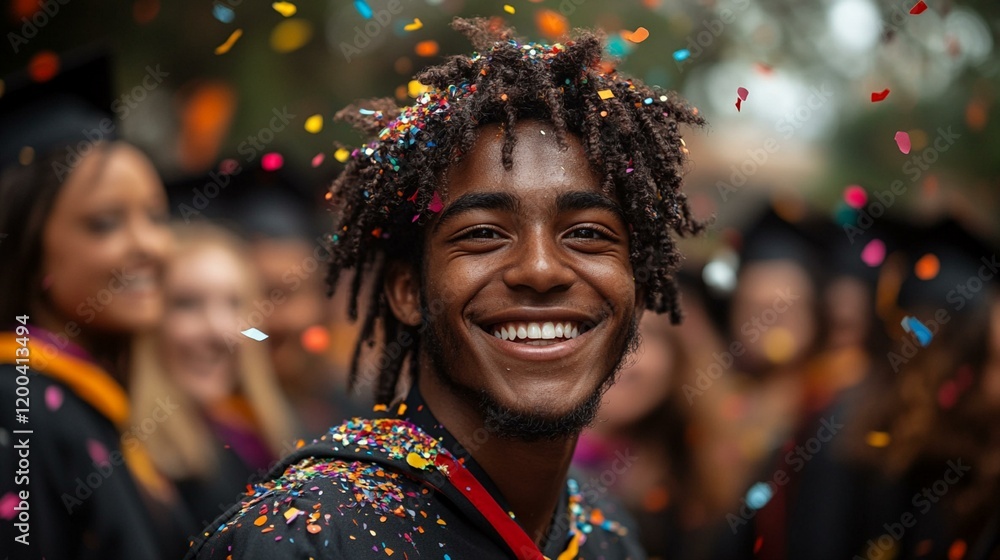 Graduates standing together in a group, throwing confetti and smiling as they celebrate the completion of their academic journey. 246 Graduates standing together in a group, throwing confetti and smiling as they celebrate the completion of their academic journey. 246