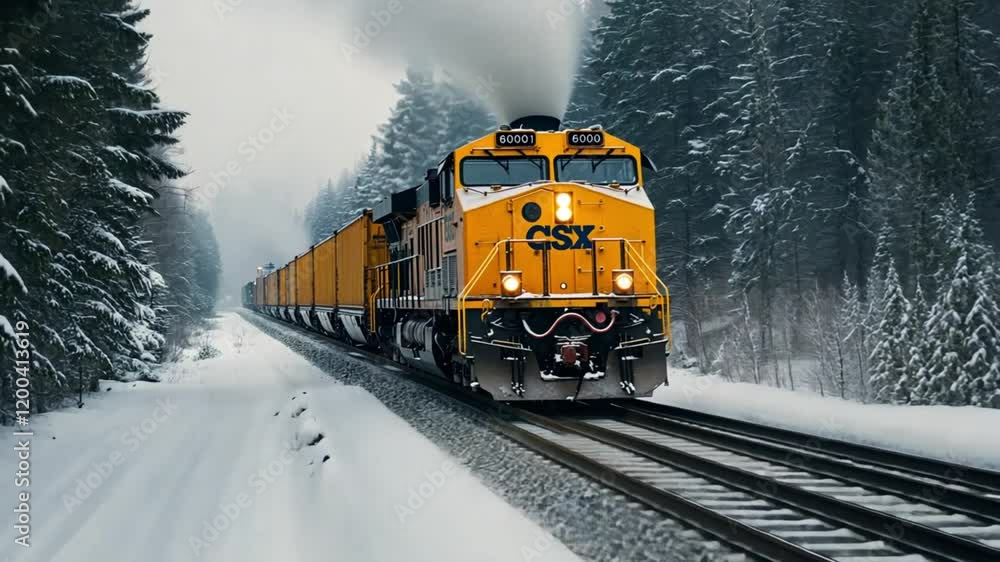 A yellow freight train travels through a snowy forest landscape. A yellow freight train travels through a snowy forest landscape.