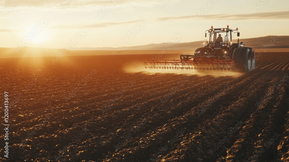 Fototapeta premium An ultra detailed, photorealistic image of a futuristic seeding machine planting crops in a barren