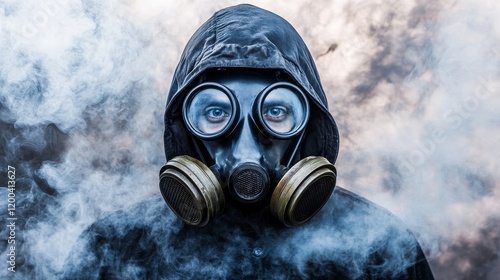 A person clad in a gas mask stands before a blue smoke cloud photo